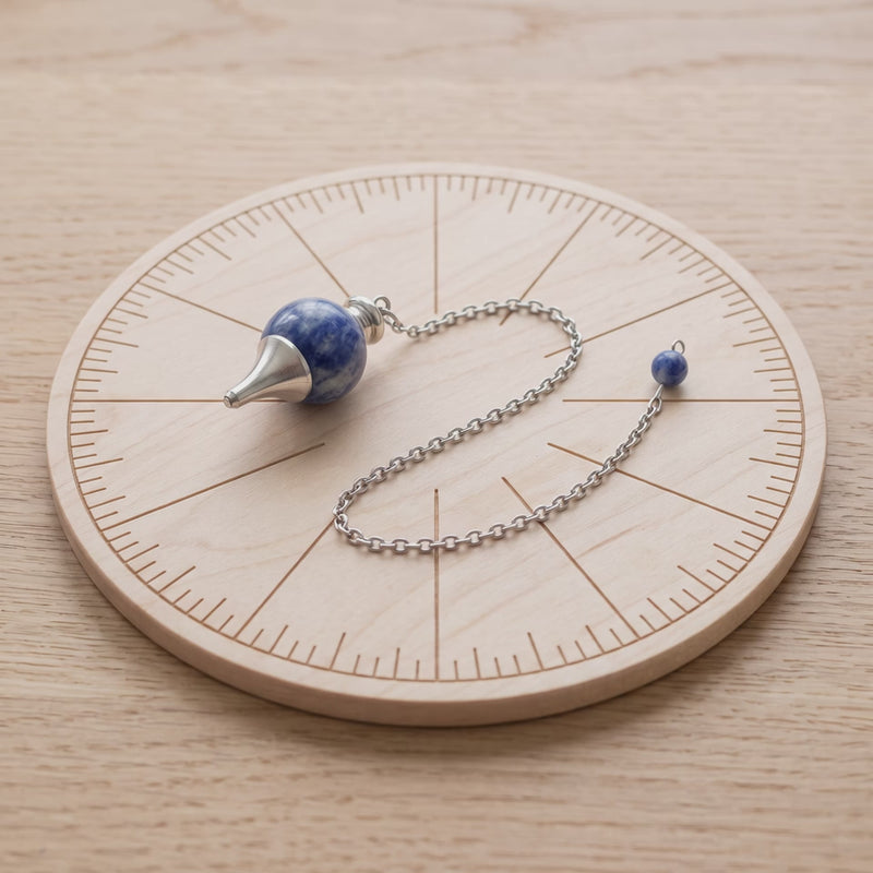 Pendule séphoroton en sodalite sur une planche de radiesthésie