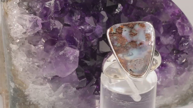 Bague Opale bleue & marron d'Australie | Bague en argent ajustable | Bijou minimaliste en véritable pierre naturelle pour femme