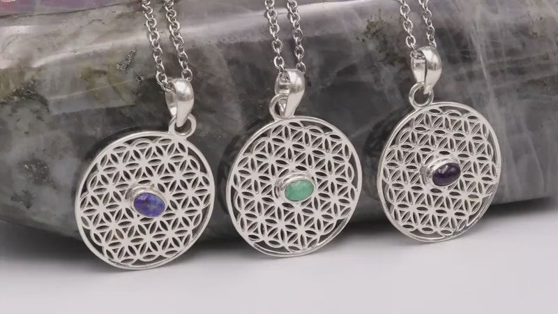 Vidéo du pendentif fleur de vie en argent et pierre naturelle
