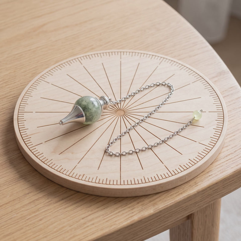 Pendule séphoroton en prehnite sur une planche de radiesthésie