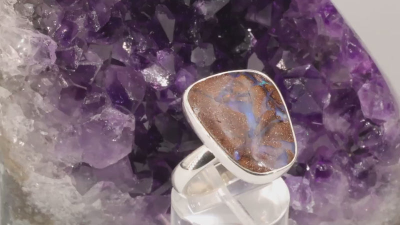 Bague Opale bleue & marron d'Australie | Bague en argent réglable-ajustable | Bijou minimaliste en véritable pierre naturelle pour femme