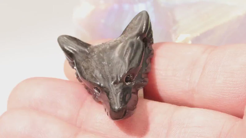 Vidéo du pendentif loup en obsidienne argentée et de ses reflets