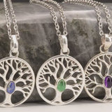 Pendentif Arbre de Vie en Argent et Pierre Naturelle — Émeraude, Améthyste ou Lapis-Lazuli