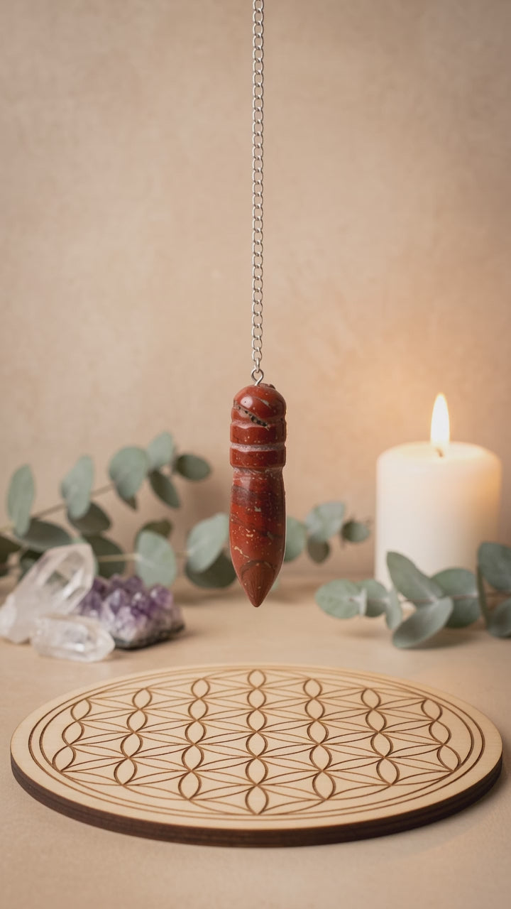 Pendule égyptien en jaspe rouge oscillant au-dessus d'une planche de radiesthésie Fleur de Vie