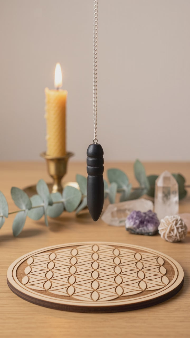 Pendule égyptien en shungite oscillant au-dessus d'une planche de radiesthésie Fleur de Vie