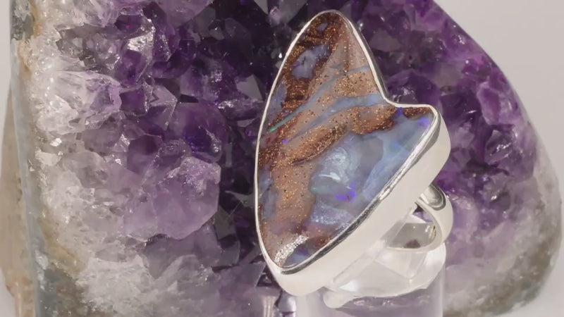 Bague Opale bleue & marron d'Australie | Bague en argent réglable-ajustable | Bijou minimaliste en véritable pierre naturelle pour femme