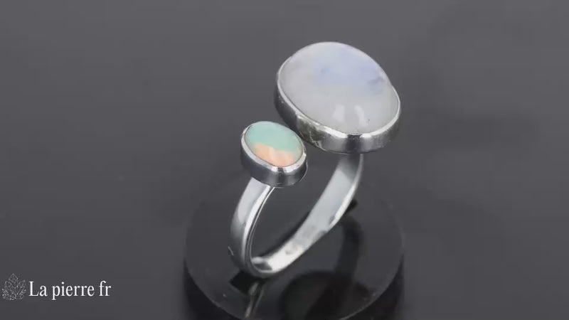 Bague en Pierre de Lune et Opale « Luminae » - Bijoux lithothérapie en argent rhodié pour femme