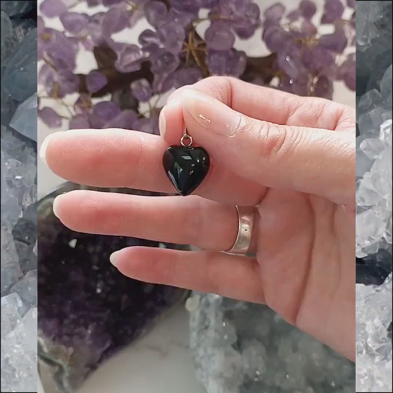 Pendentif pierre Onyx noir en forme de cœur | Pendentif pierre noire | Pendentif cœur en pierre
