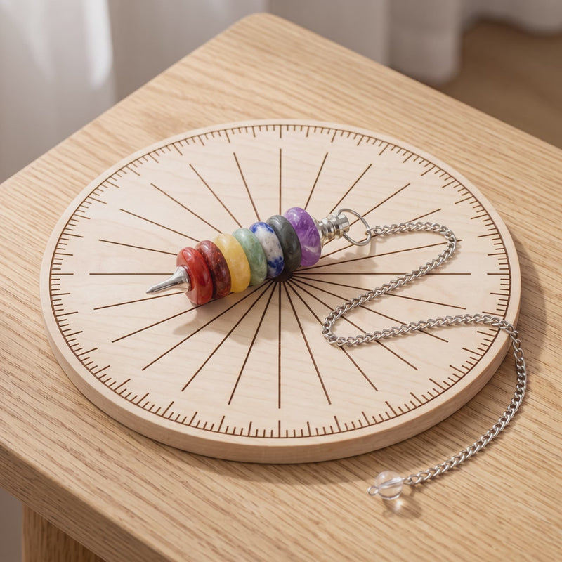 Pendule 7 chakras en pierre naturelle sur une planche de radiesthésie