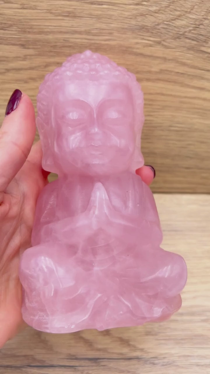 Statue Bouddha en quartz rose du Brésil, pierre naturelle