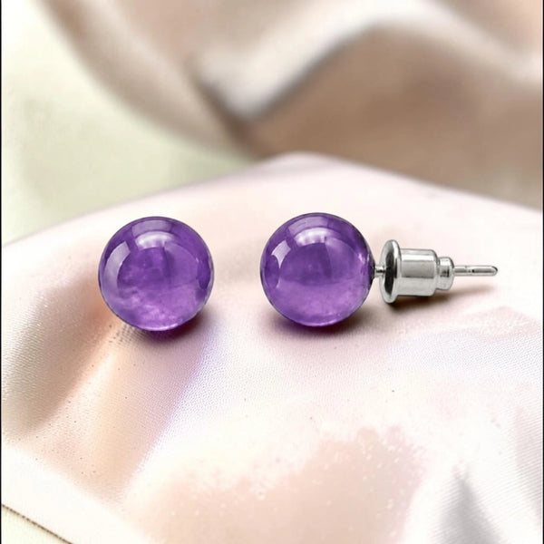 Puces d'oreilles améthyste boule 8 mm en pierre naturelle sur acier argenté