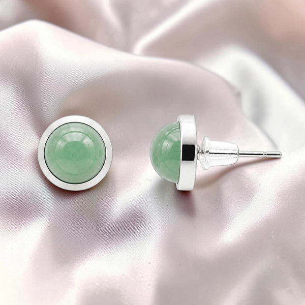Puces d'oreilles aventurine verte serties 10 mm en pierre naturelle sur acier argenté