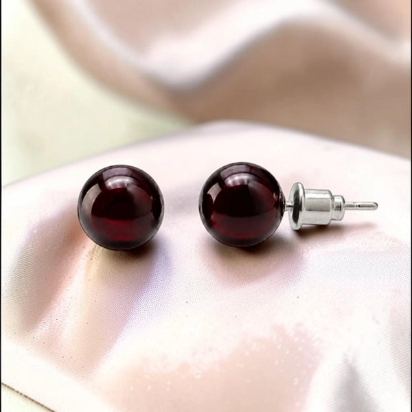 Puces d'oreilles grenat rouge boule 8 mm en pierre naturelle sur acier argenté