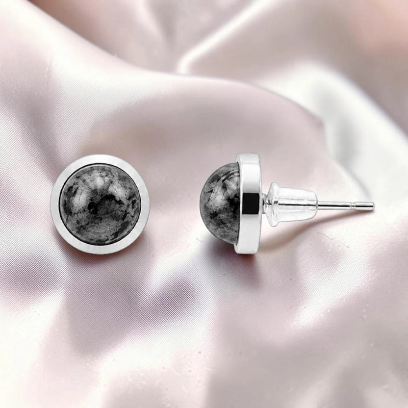 Puces d'Oreilles Larvikite SERTIA® – pierre sertie 10 mm, acier argenté