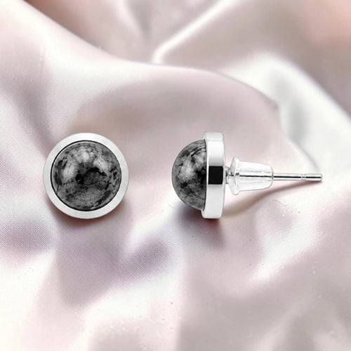 Puces d'Oreilles Larvikite SERTIA® – pierre sertie 10 mm, acier argenté