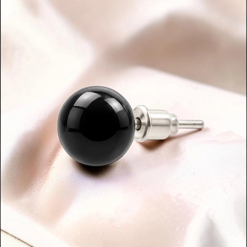 Puces d'oreilles femme en acier inoxydable argenté avec pierre obsidienne noire naturelle