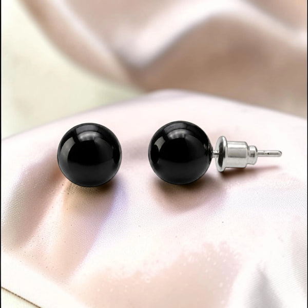 Puces d'oreilles obsidienne noire boule 8 mm en pierre naturelle sur acier argenté
