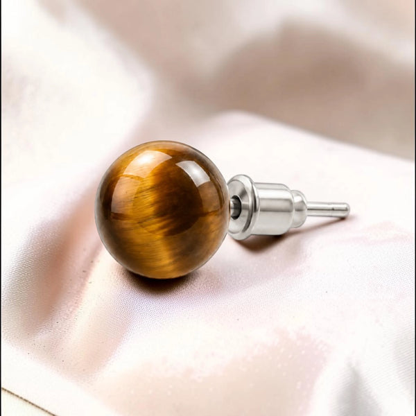 Puces d'oreilles femme en acier inoxydable argenté avec pierre œil de tigre naturel