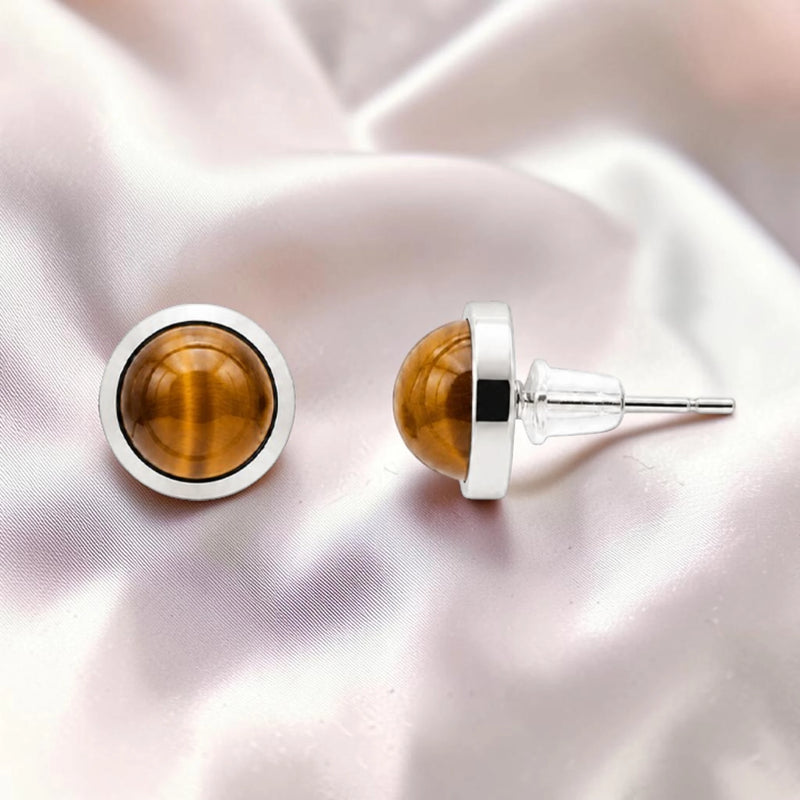 Puces d'Oreilles Œil de Tigre SERTIA® – pierre sertie 10 mm, acier argenté
