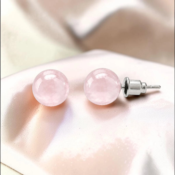 Puces d'oreilles quartz rose boule 8 mm en pierre naturelle sur acier argenté