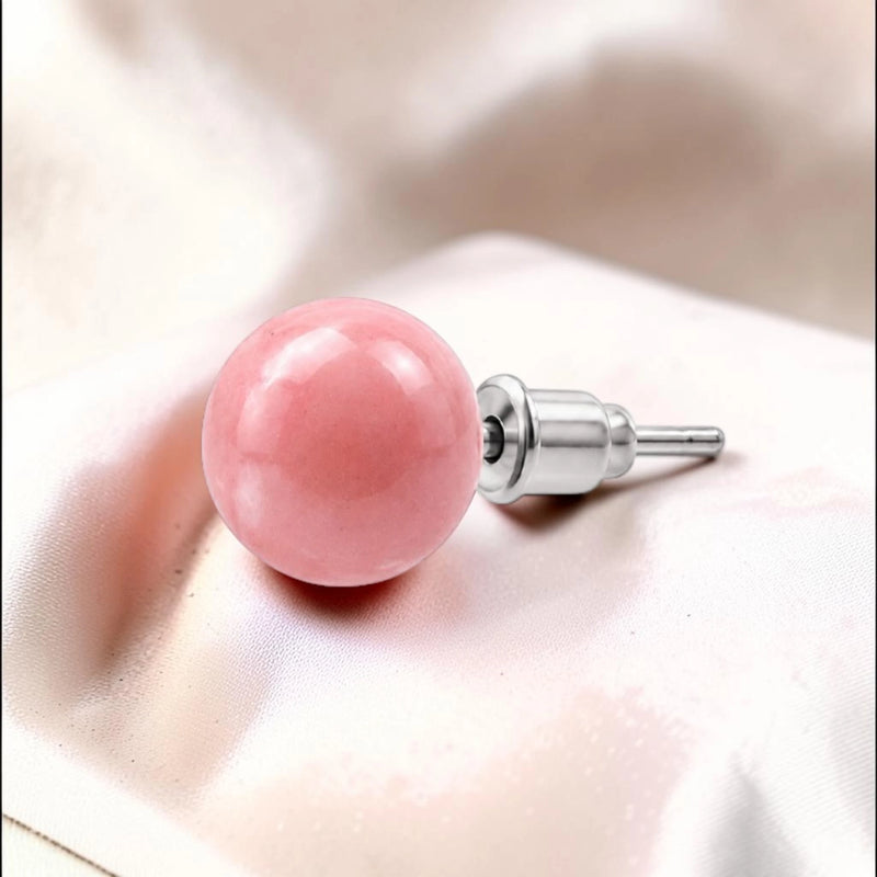 Puces d'oreilles femme en acier inoxydable argenté avec pierre rhodonite naturelle
