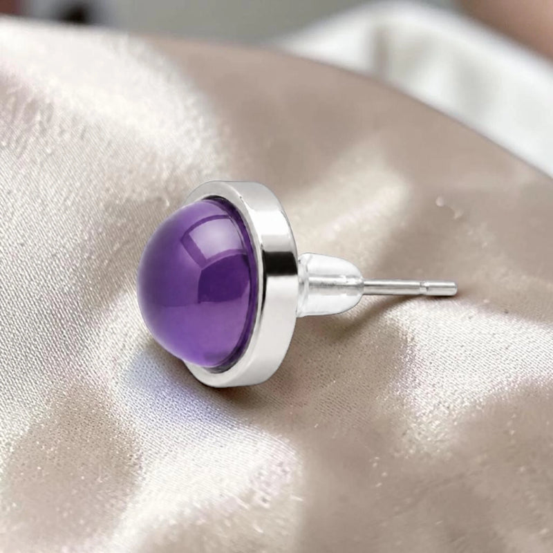 Puce d'oreille sertie en acier inoxydable argenté, pierre améthyste naturelle, bijou femme