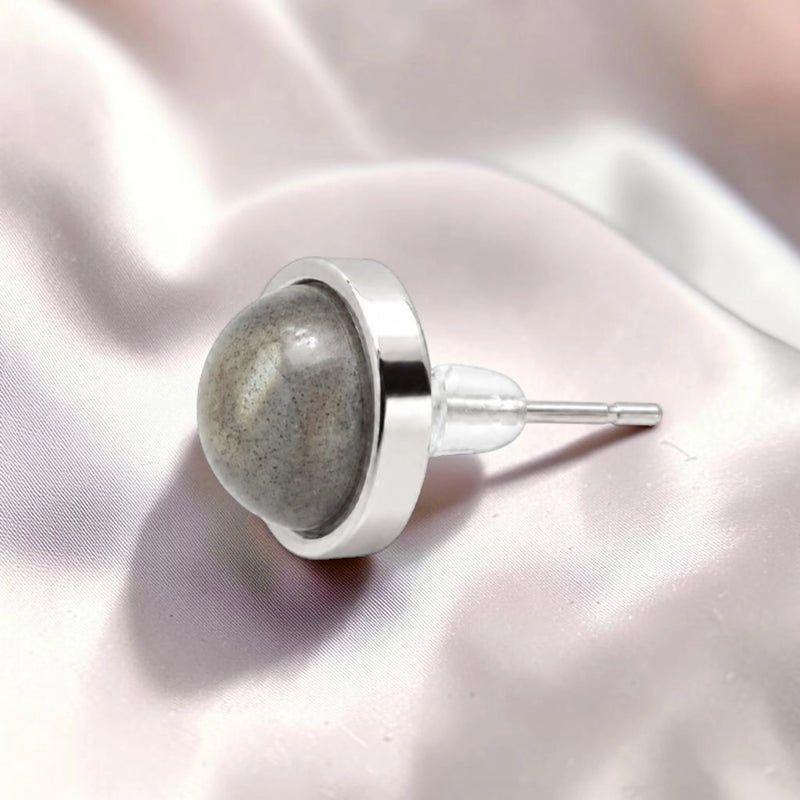 Puce d'oreille sertie en acier inoxydable argenté, pierre labradorite naturelle, bijou femme