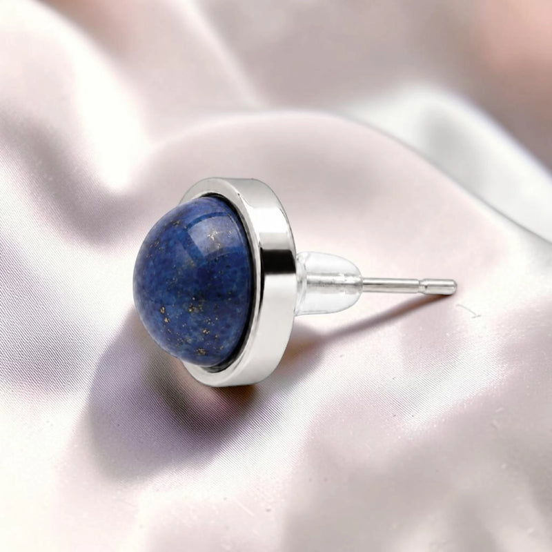 Puce d'oreille sertie en acier inoxydable argenté, pierre lapis lazuli naturel, bijou femme