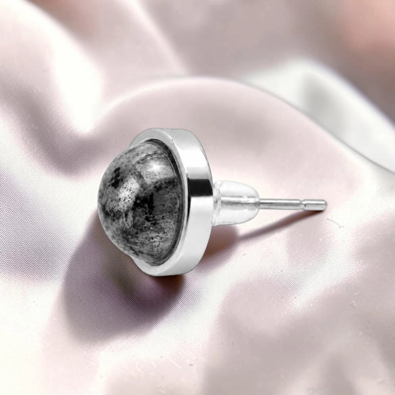 Puce d'oreille sertie en acier inoxydable argenté, pierre larvikite naturelle, bijou femme