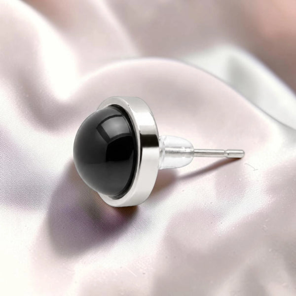 Puce d'oreille sertie en acier inoxydable argenté, pierre obsidienne noire naturelle, bijou femme