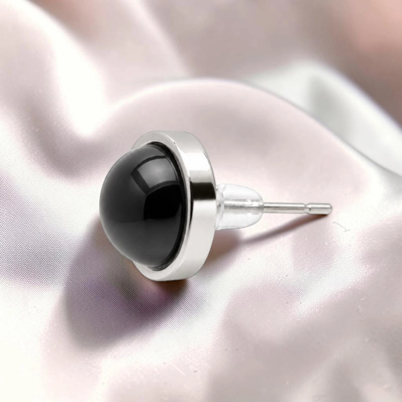 Puce d'oreille sertie en acier inoxydable argenté, pierre obsidienne noire naturelle, bijou femme