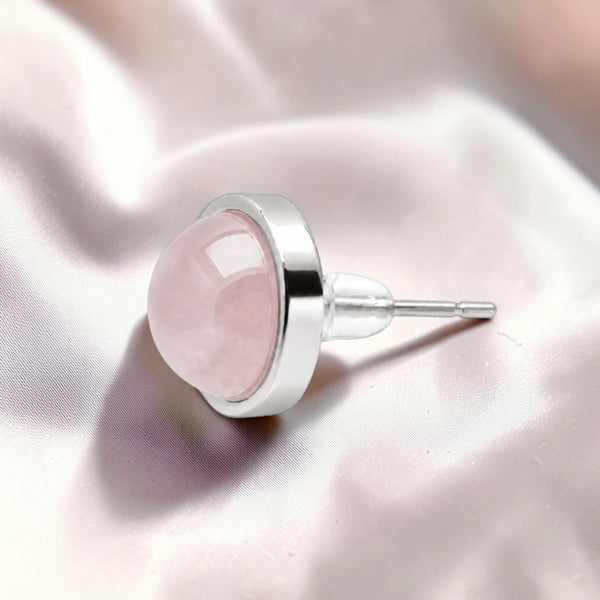 Puce d'oreille sertie en acier inoxydable argenté, pierre quartz rose naturel, bijou femme