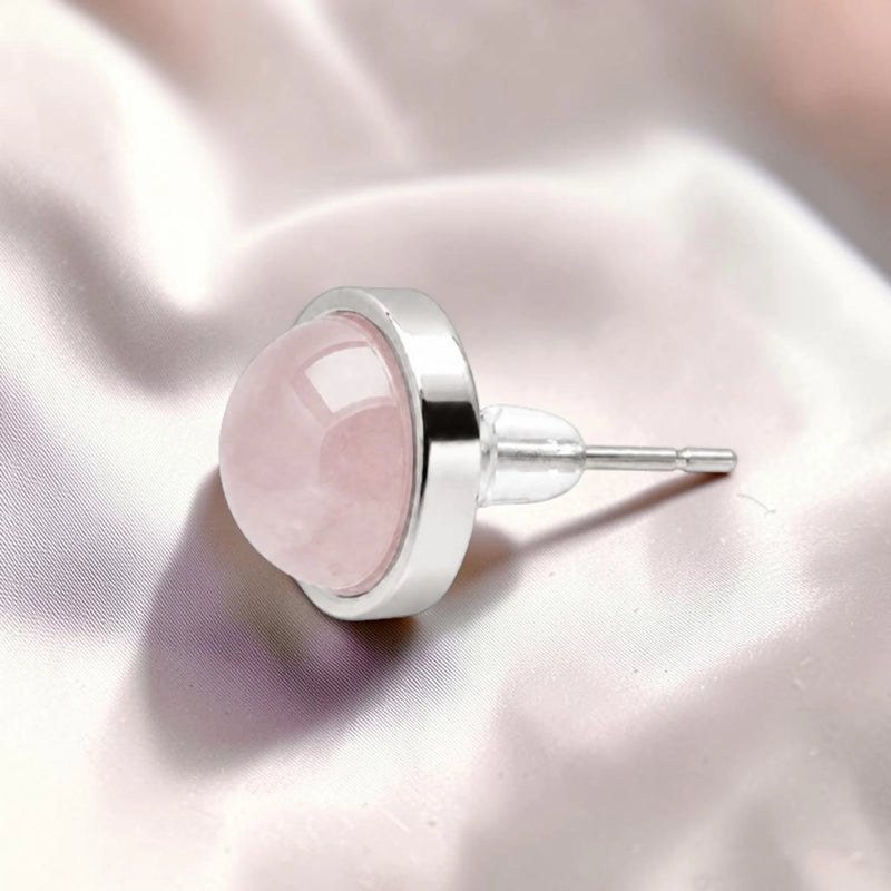 Puce d'oreille sertie en acier inoxydable argenté, pierre quartz rose naturel, bijou femme
