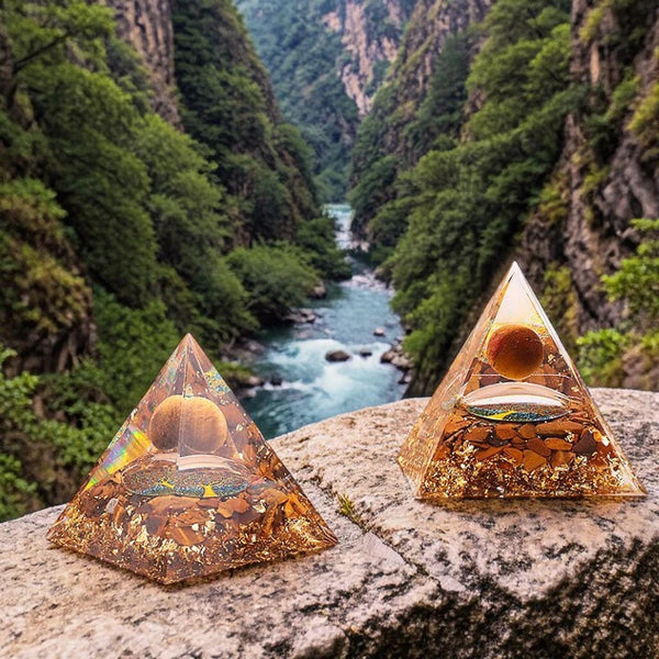Pyramide orgonite arbre de vie œil de tigre en pierre naturelle 60mm — force et détermination
