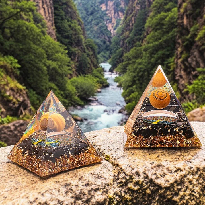 Pyramide orgonite arbre de vie œil de tigre et obsidienne noire en pierre naturelle 60mm — confiance et protection