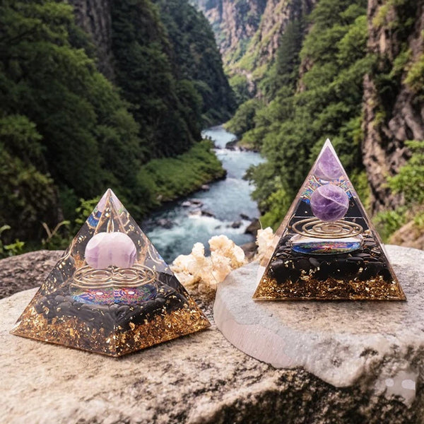 Pyramide orgonite arbre de vie spirale améthyste et obsidienne noire en pierre naturelle 60mm — éveil et protection