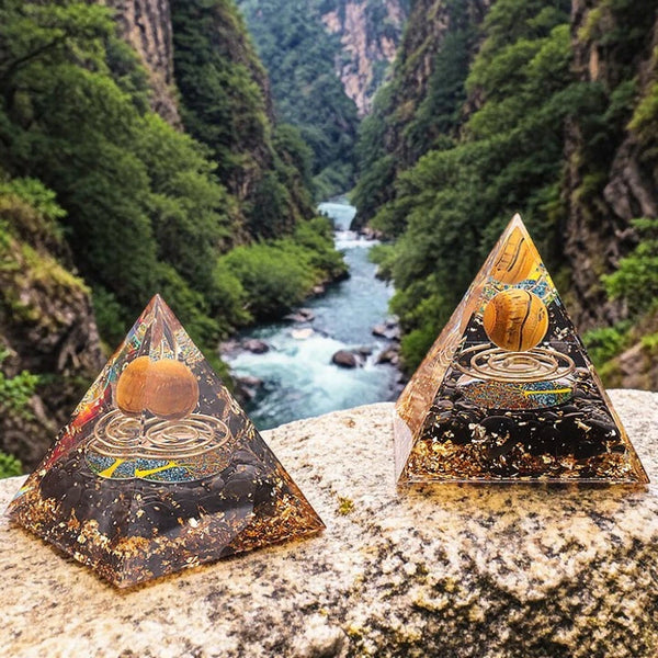 Pyramide orgonite arbre de vie spirale œil de tigre et obsidienne noire en pierre naturelle 60mm — protection active et dynamisme