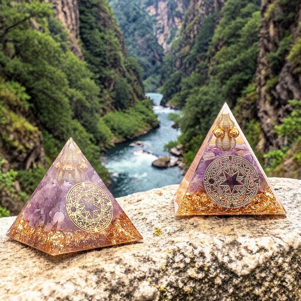 Pyramide orgonite cercle magique améthyste en pierre naturelle 60mm — sérénité et purification