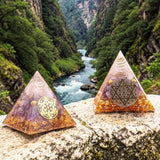 Pyramide Orgonite Fleur de Vie Étoile Cristal de Roche et Améthyste, Clarté et Élévation Spirituelle