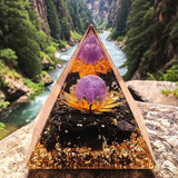 Pyramide Orgonite Lotus Améthyste et Obsidienne Noire, Éveil et Protection