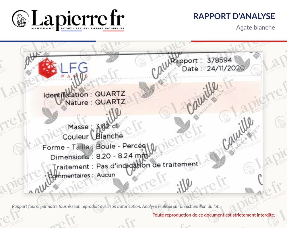 Rapport d'analyse des perles en agate blanche, La Pierre FR