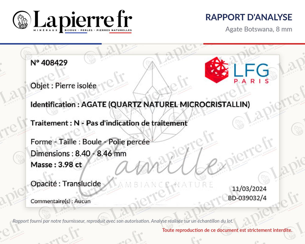 Rapport d'analyse des perles en agate Botswana 8 mm, lot de juin 2024, La Pierre FR
