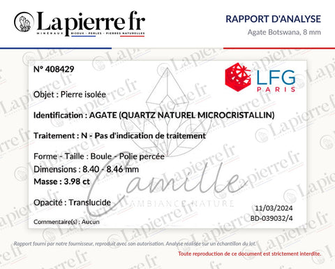 Rapport d'analyse des perles en agate Botswana 8 mm, lot de juin 2024, La Pierre FR