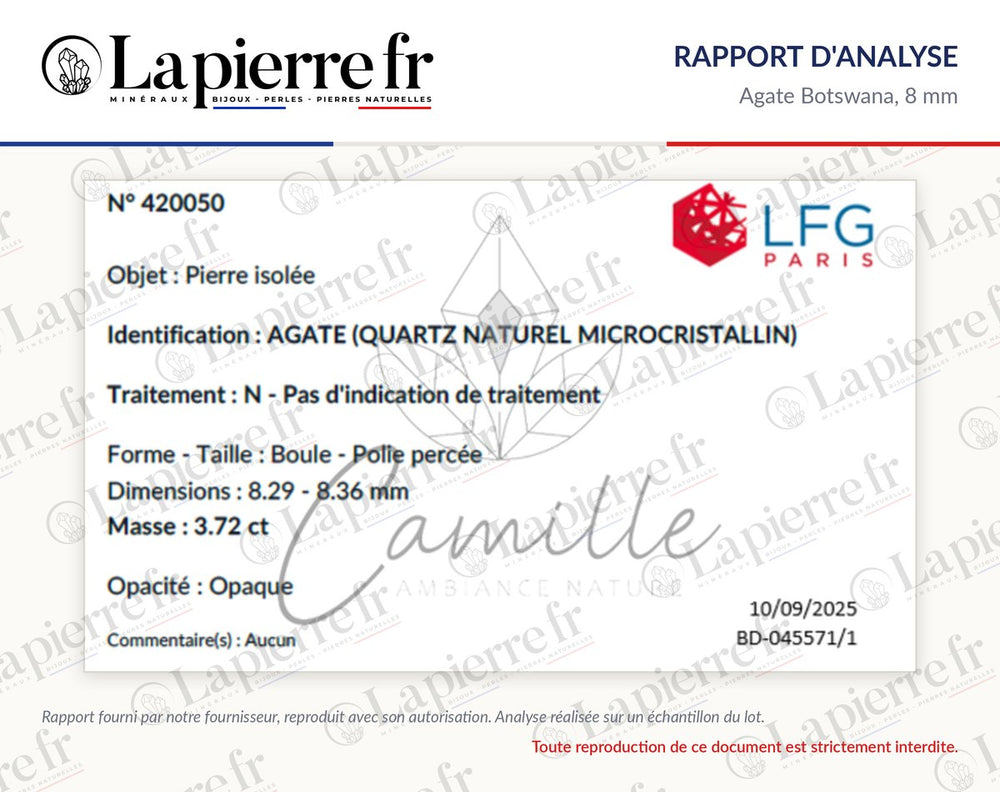 Rapport d'analyse des perles en agate Botswana 8 mm, lot de novembre 2025, La Pierre FR
