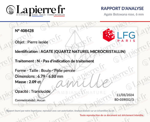 Rapport d'analyse des perles en agate Botswana rose 6 mm, La Pierre FR