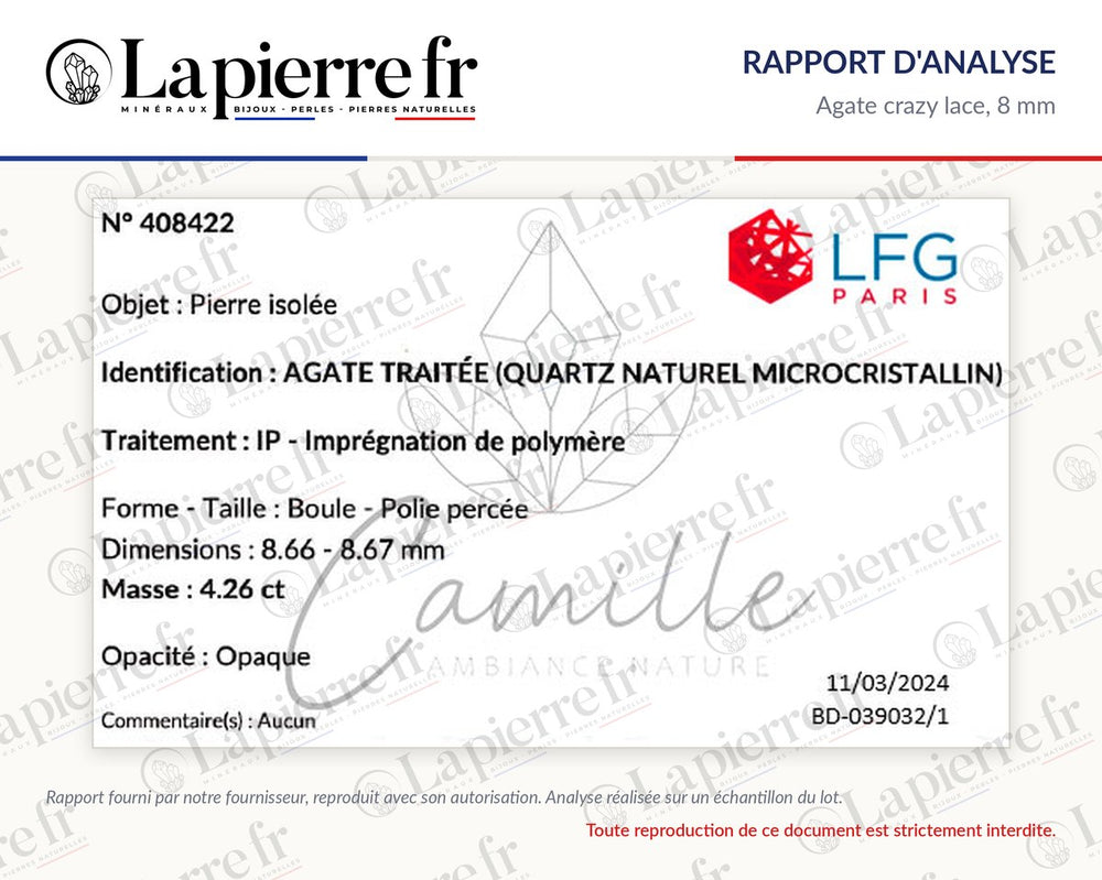 Rapport d'analyse des perles en agate crazy lace 8 mm, La Pierre FR
