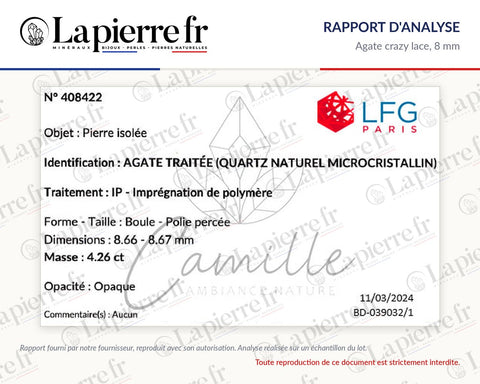 Rapport d'analyse des perles en agate crazy lace 8 mm, La Pierre FR