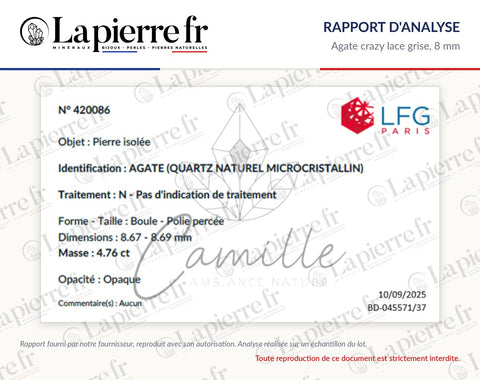 Rapport d'analyse des perles en agate crazy lace grise 8 mm, La Pierre FR