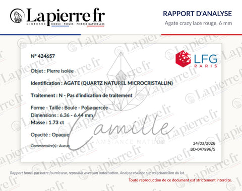 Rapport d'analyse des perles en agate crazy lace rouge 6 mm, La Pierre FR