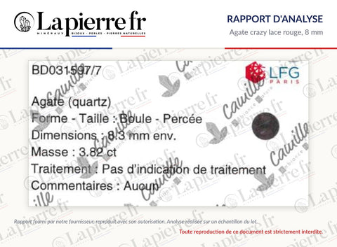 Rapport d'analyse des perles en agate crazy lace rouge 8 mm, La Pierre FR